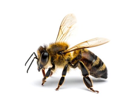 Close-up of a bee with wings outstretched against a white background
