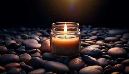 Candle In A Glass Jar On A Bed Of Dark Stones