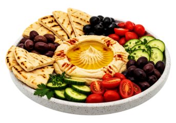 Hummus platter with creamy dip, warm pita bread, cherry tomatoes, cucumber slices, and mixed olives, isolated on transparent background