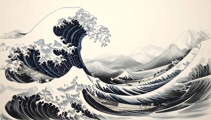 Dynamic seascape with massive wave looming over boats, distant snowy peaks. Traditional, stylized monochrome painting