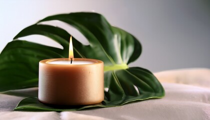 Burning Wax Candle And Monstera Leaf