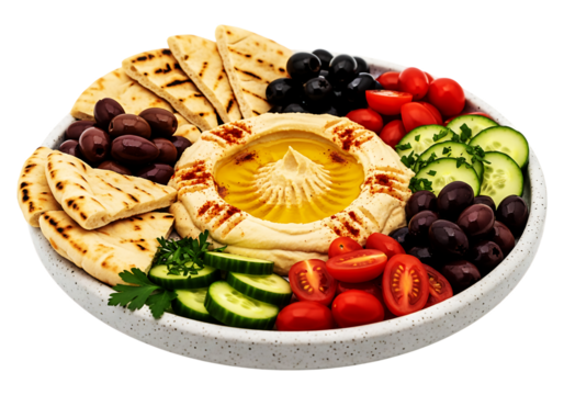 Hummus platter with creamy dip, warm pita bread, cherry tomatoes, cucumber slices, and mixed olives, isolated on transparent background