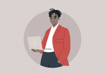 A confident person stands with a laptop in hand, wearing a stylish outfit, Set within a circular design, the modern scene highlights the blend of creativity and technology, inspiring innovation.