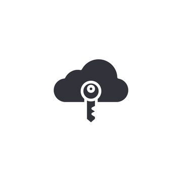 Cloud with key. Cloud data icon with access key representing secure login storage, encrypted backup system, and privacy control.