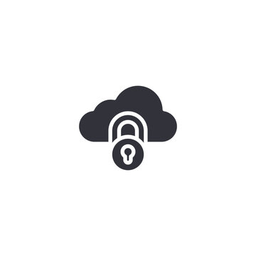 Cloud with padlock. Encrypted cloud service icon showing private secure storage, safe data management, and cloud access protection.