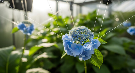 Close up of blue hydrangea flower supported by strings in a greenhouse environment with lush foliage ai generated