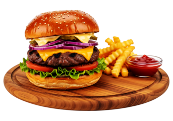 Classic cheeseburger with crispy golden french fries and a side of ketchup on a wooden board, isolated on transparent background