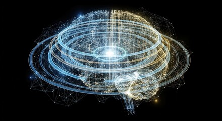 Abstract glowing digital brain network with blue and gold light rings technology