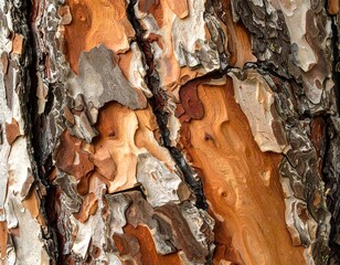 Close-up of tree bark showing multi-layered, peeling textures in shades of brown, grey and light tan