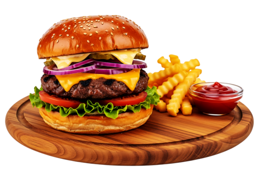 Classic cheeseburger with crispy golden french fries and a side of ketchup on a wooden board, isolated on transparent background