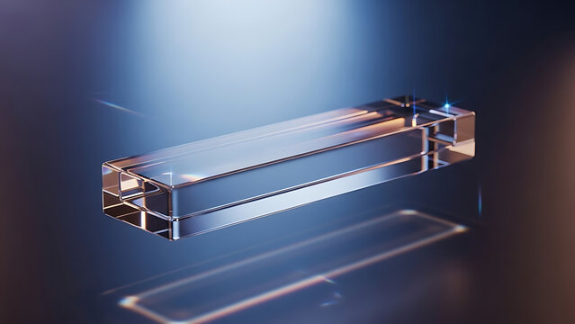Clear glass rectangular prism floating with blue and orange light - Powered by Adobe