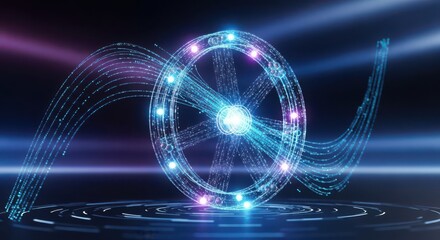 Glowing blue and purple digital particle wheel with light trails abstract technology