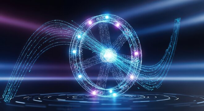 Glowing blue and purple digital particle wheel with light trails abstract technology - Powered by Adobe