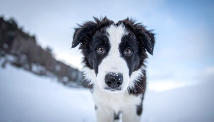 Fototapeta premium Close-up of a black & white Border Collie puppy in snow. Soft focus background of snow and tree-covered hill