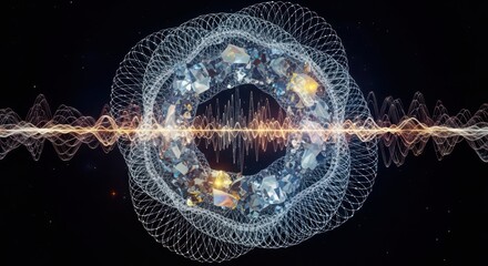 Abstract digital waveform and crystal cluster in dark space sound wave audio