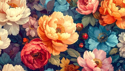 Colorful flowers peonies, daisies, others, on a dark foliage background with rich detail