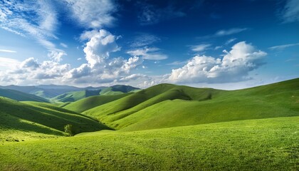 Fototapeta premium Green Hills And A Blue Sky With Clouds Generative Ai