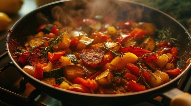 The image displays a close-up view of a pan full of vibrant stir-fried vegetables that are cooking on a stove-top. Visible steam rises from the mixture, indicating the food is hot. The assortment