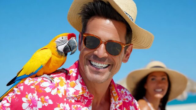 Man enjoys sunny beach day with colorful parrot while a woman relaxes in background
