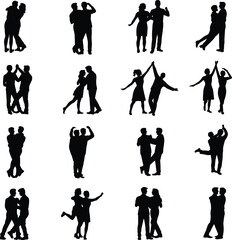 Dancing couple silhouettes, black and white, ballroom poses, social dance, expressive movement, partner interaction, elegant steps, rhythm scene