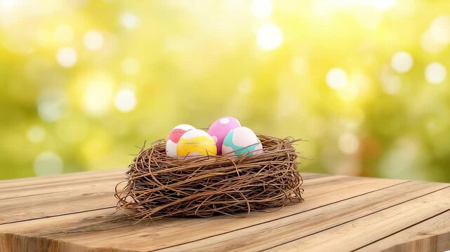 Colorful painted eggs resting inside a natural bird nest on wooden planks with bright golden sunlight and soft bokeh creating a warm spring atmosphere