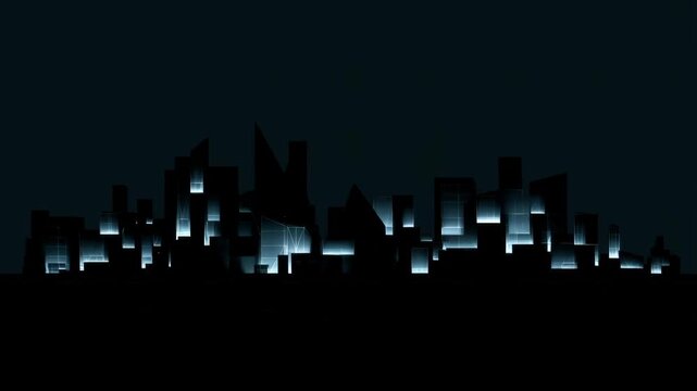A modern city skyline at night featuring glowing skyscrapers with geometric shapes. the buildings are illuminated with a cool, minimalistic blue light against a dark backdrop, creating a futuristic ur