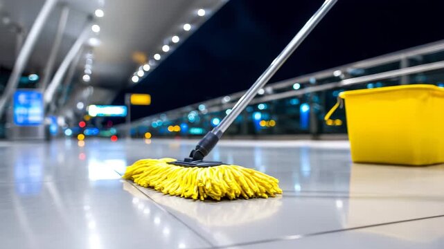 Nighttime cleaning at an airport with a mop and bucket on the floor