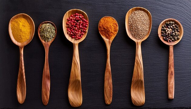 Rustic Wooden Spoons With Spices On Black Board