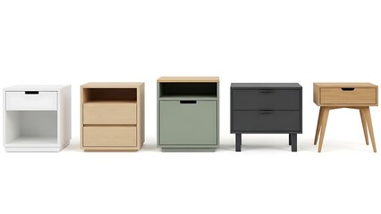 Five modern bedside tables isolated on white background