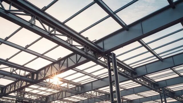 Steel industrial framework of a large building under construction with open roof structure, metal beams, and sunlight shining through the structural grid