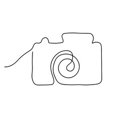 A continuous line art of a classic camera with a coiled lens and strap.