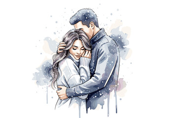 Couple embracing in snowfall with gentle expressions in winter scene  