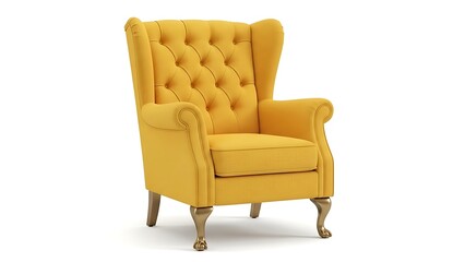 Yellow tufted wingback armchair isolated on white background