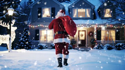 Santa claus in velvet suit, gift sack, walks in snow. Low-angle tracking video past glowing reindeer, lit house. Magical christmas delivery atmosphere - Powered by Adobe