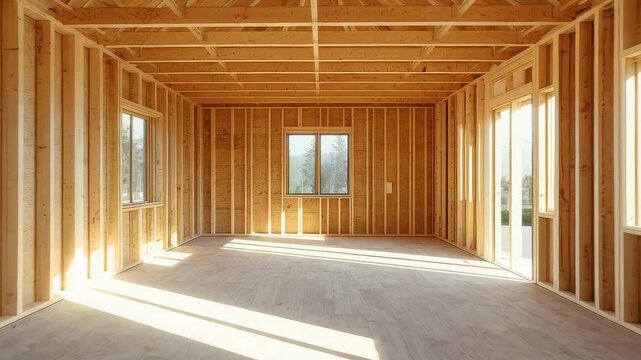 New home interior framed with wooden studs and open structural layout, sunlight filling the unfinished room during residential construction progress