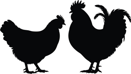 Hen and rooster silhouette, poultry pair, black and white, farm animals, facing pose, feather detail, rural theme, bird comparison
