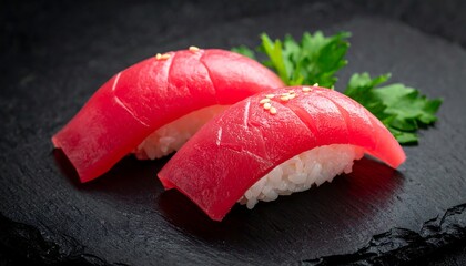 Close-up of two pieces of tuna nigiri on a black slate with green parsley