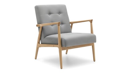 Grey armchair with wooden frame isolated on white background