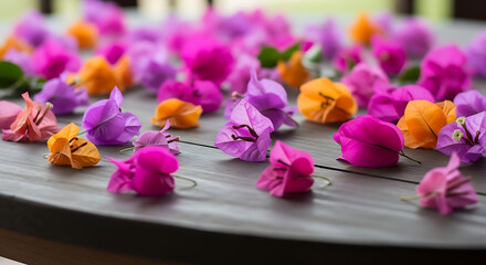 A scattering of bougainvillea flowers in pink purple and orange on a wooden surface with shallow depth ai generated