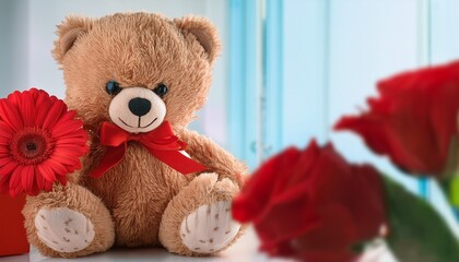 Obraz premium Valentines Day Teddy Bear With Red Flower Ophthalmology Banner