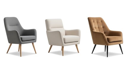 Collection of modern upholstered armchairs isolated on white background