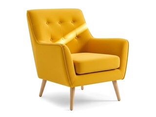 Yellow armchair with wooden legs isolated on white background