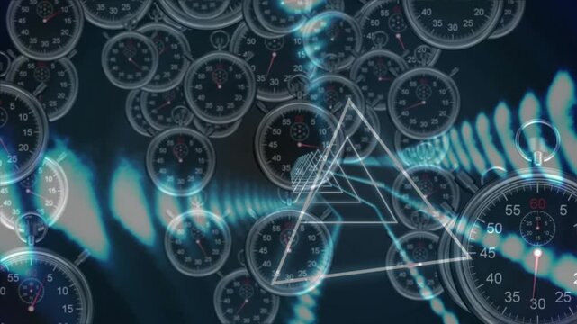 Triangle frame emerging at center sparking nested rotation, dials shifting to reveal focus