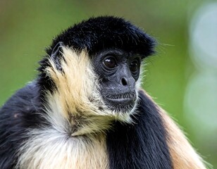 Close-up of a black and tan gibbon with focused eyes, framed against a softly blurred green forest backdrop