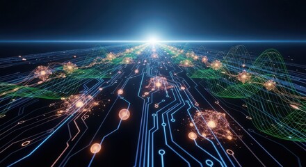 Blue circuit board with glowing orange nodes and green wave patterns technology data