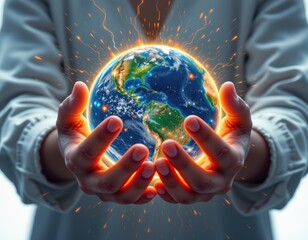 Protecting Earth: Hands Gently Holding a Glowing Globe - Symbol of Global Awareness and Human Rights, Inspiring Hope and Responsibility.