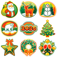 Fototapeta premium Festive Christmas icons featuring Santa, reindeer, snowman, and symbols of the New Year 