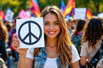 Young Woman at Peace Rally: Hopeful Activism and Social Change (Wide, Cinematic Illustration)