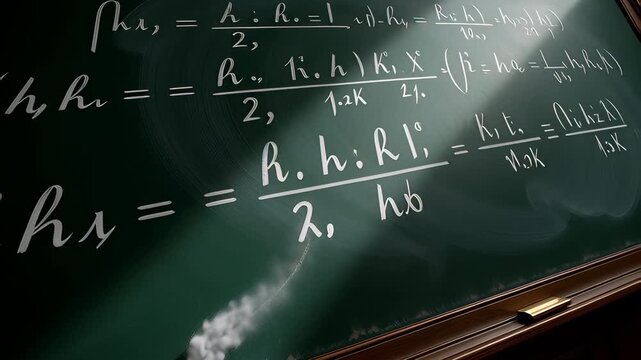 Close up of white chalk writing complex mathematical equations on a textured green blackboard in a cinematic 3D animation, illustrating academic education concepts.