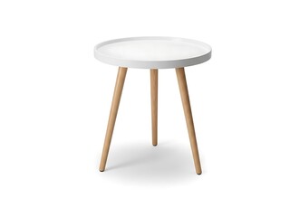 White round side table with wooden legs isolated on white background